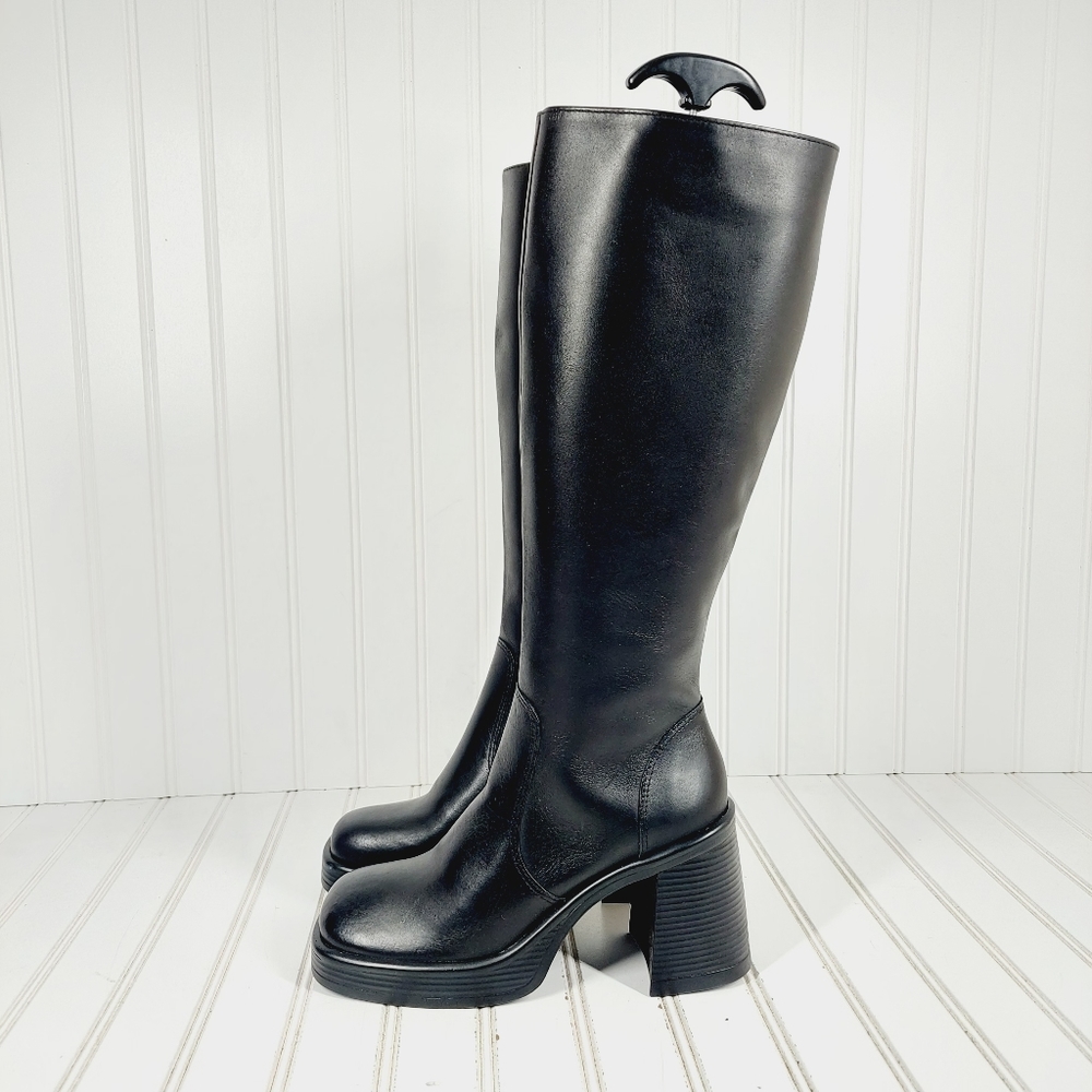 New Steve Madden Fanatik Black Leather Block Heel Knee High Boots K404